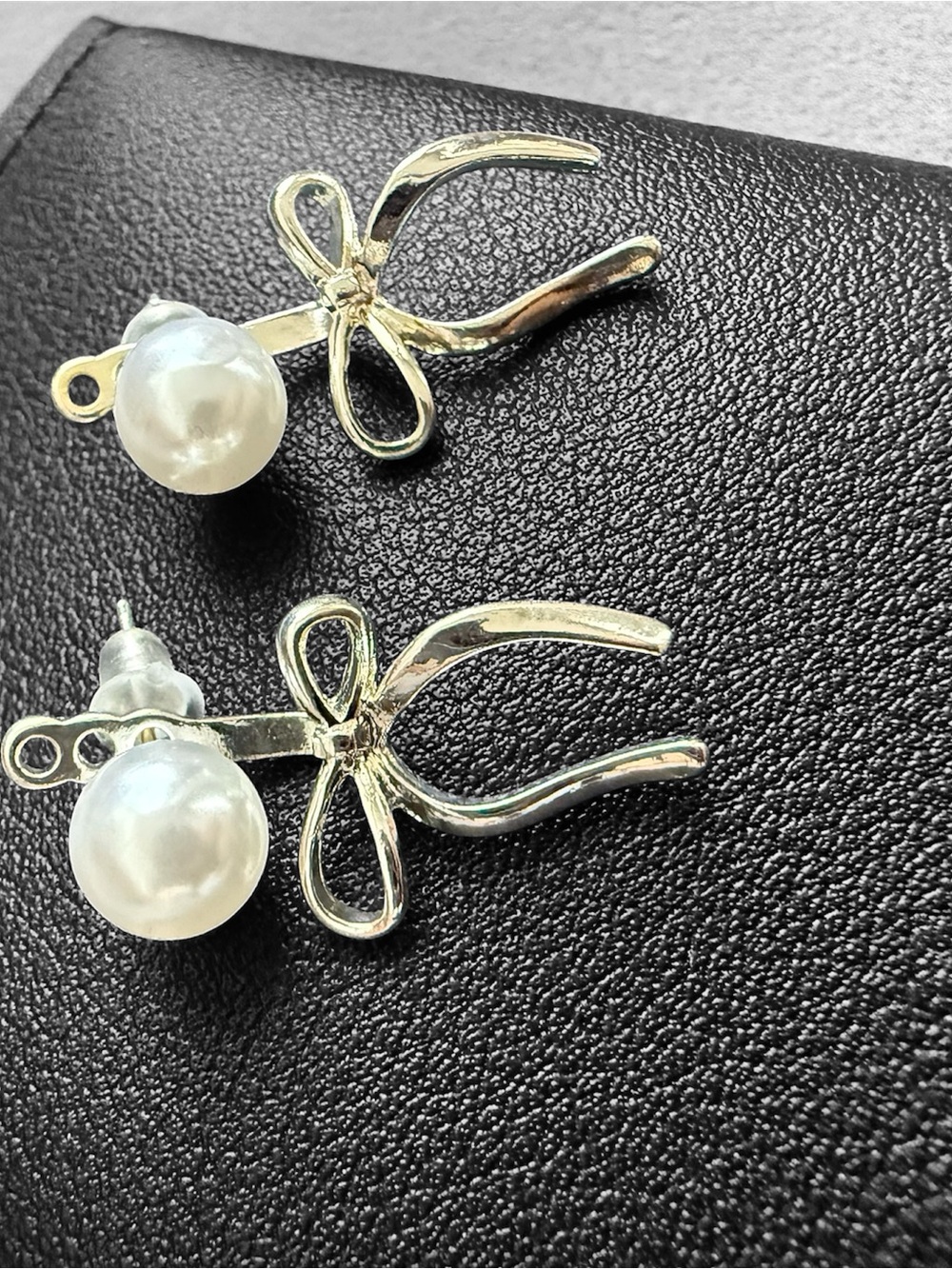 Pearl Drop Bow Stud Earrings in Gold Tone